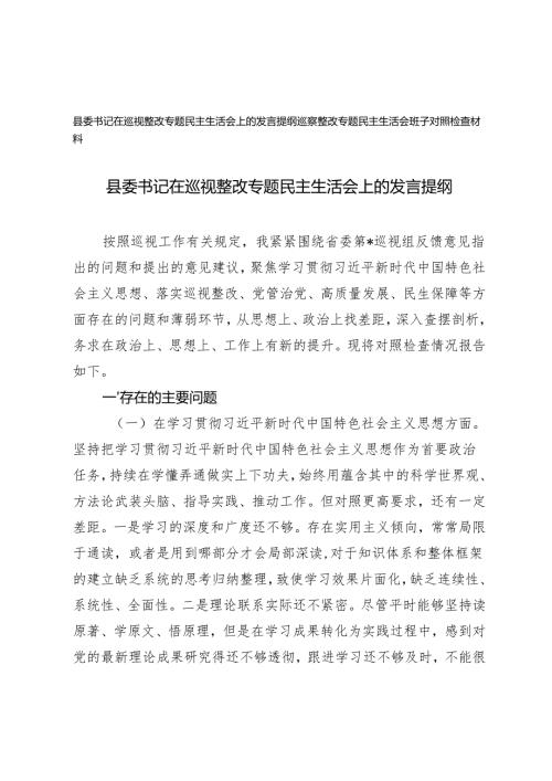 2024年10月县委书记在巡视整改专题民主生活会上的发言提纲.docx