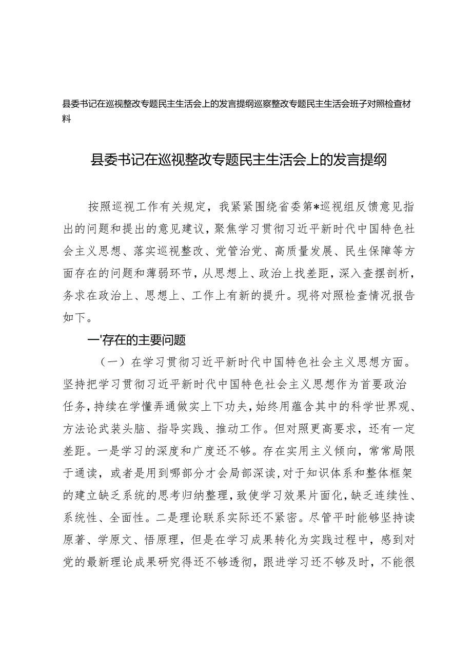 2024年10月县委书记在巡视整改专题民主生活会上的发言提纲.docx_第1页