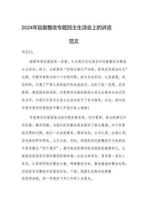2024年巡察整改专题民主生活会上的讲话范文.docx