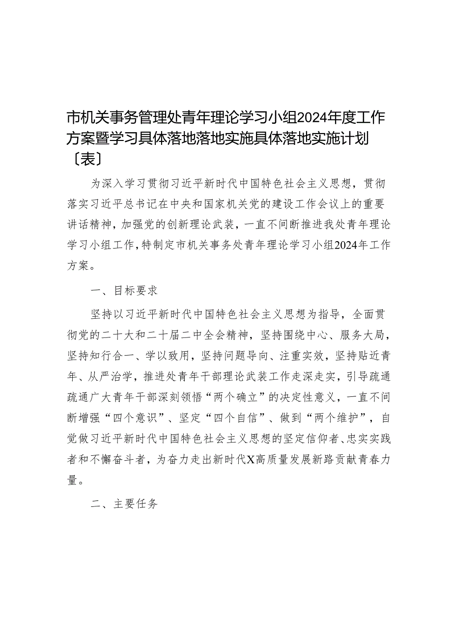 市机关事务管理处青年理论学习小组2024年度工作方案暨学习计划（表）.docx_第1页