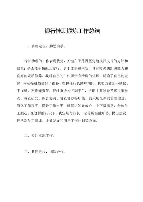 银行挂职锻炼工作总结.docx