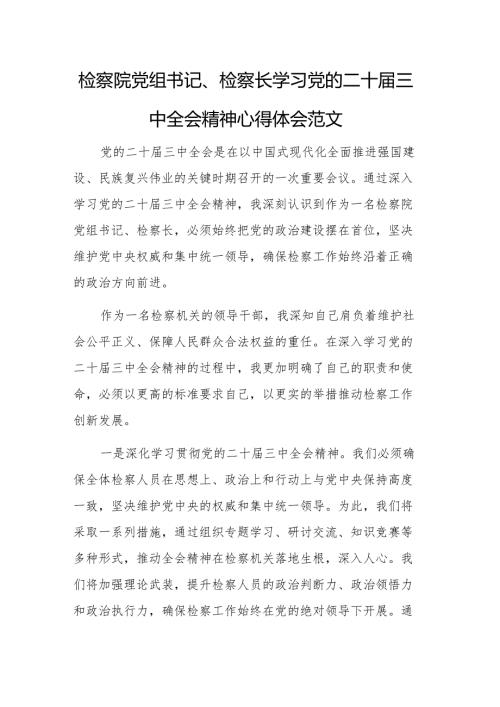 检察院党组书记、检察长学习党的二十届三中全会精神心得体会范文.docx