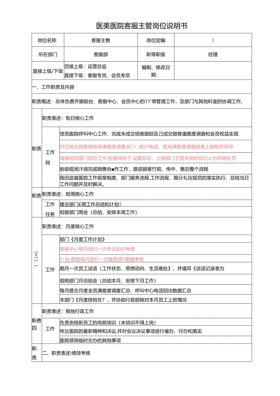 医美医院客服主管岗位说明书.docx_第1页