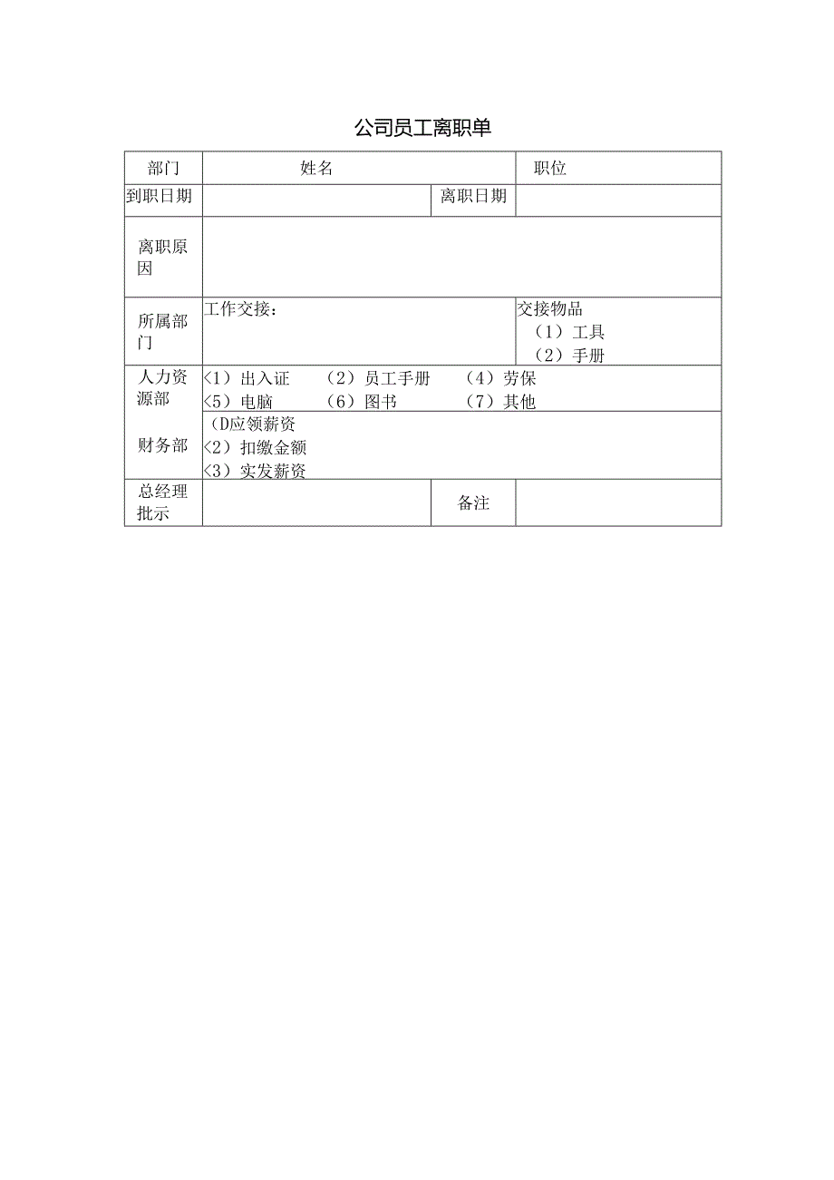 企业公司员工离职单.docx_第1页