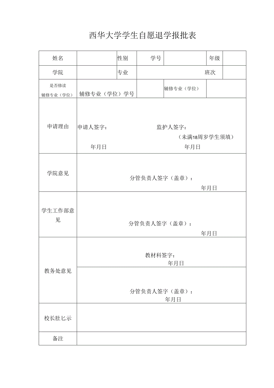 西华大学学生 自愿退学 报批表.docx_第1页