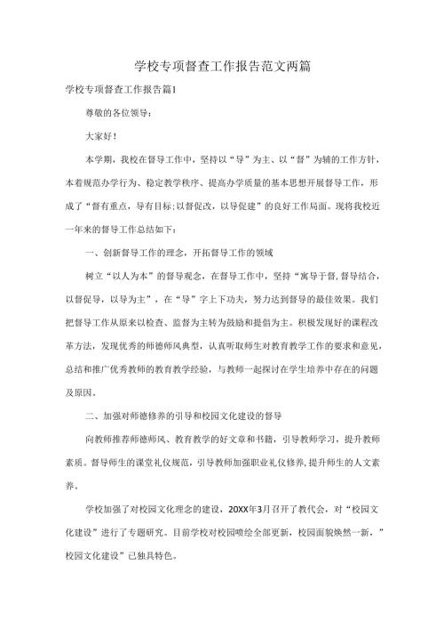 学校专项督查工作报告范文两篇.docx