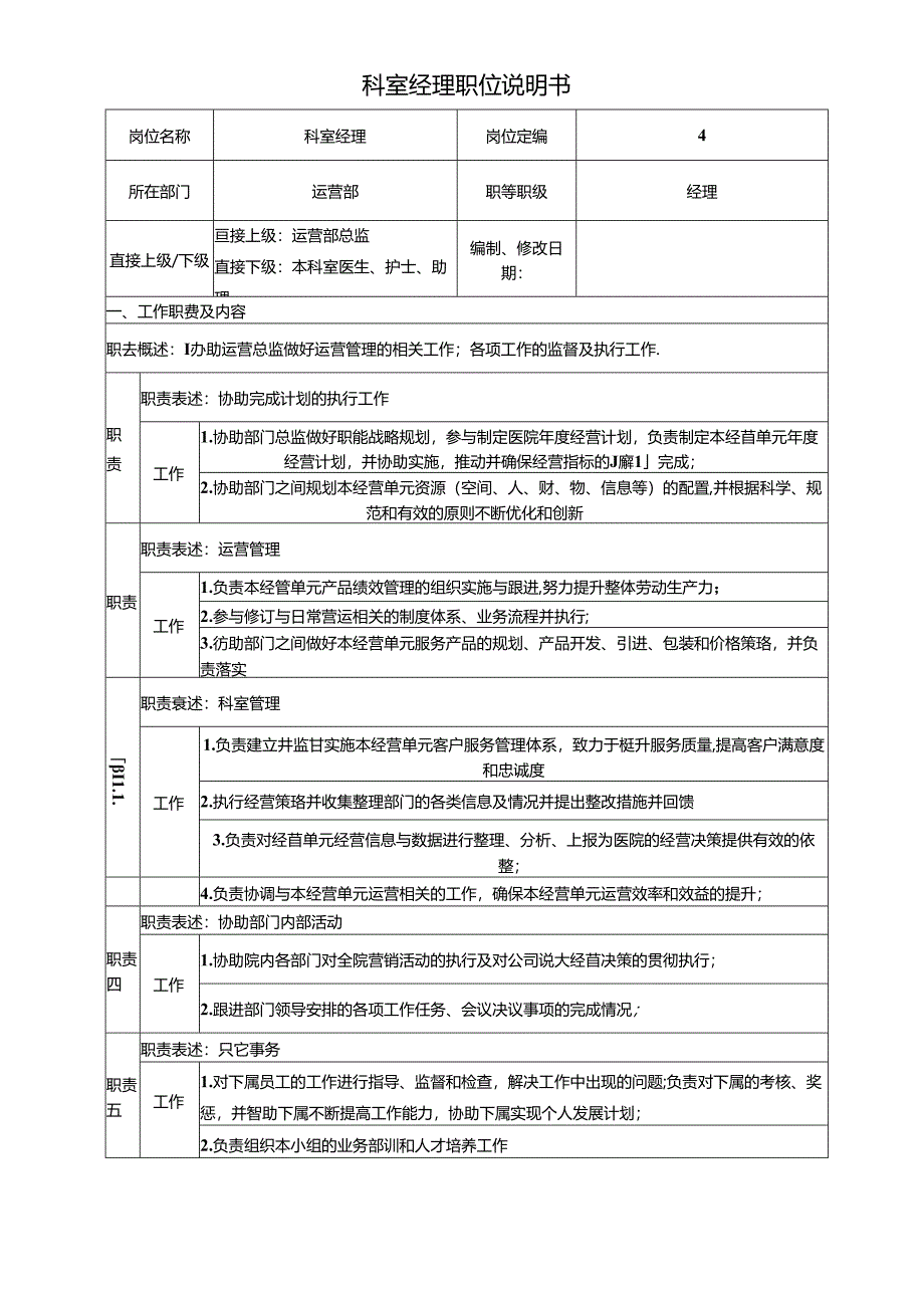 医美整形科室经理岗位说明书.docx_第1页