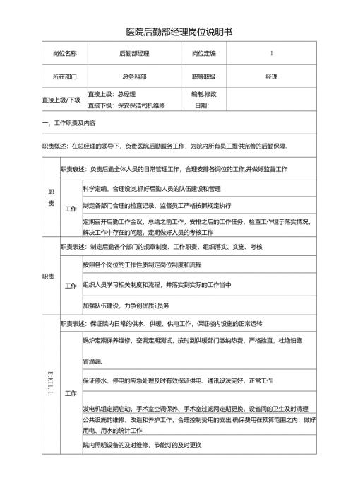 医院后勤部经理岗位说明书.docx