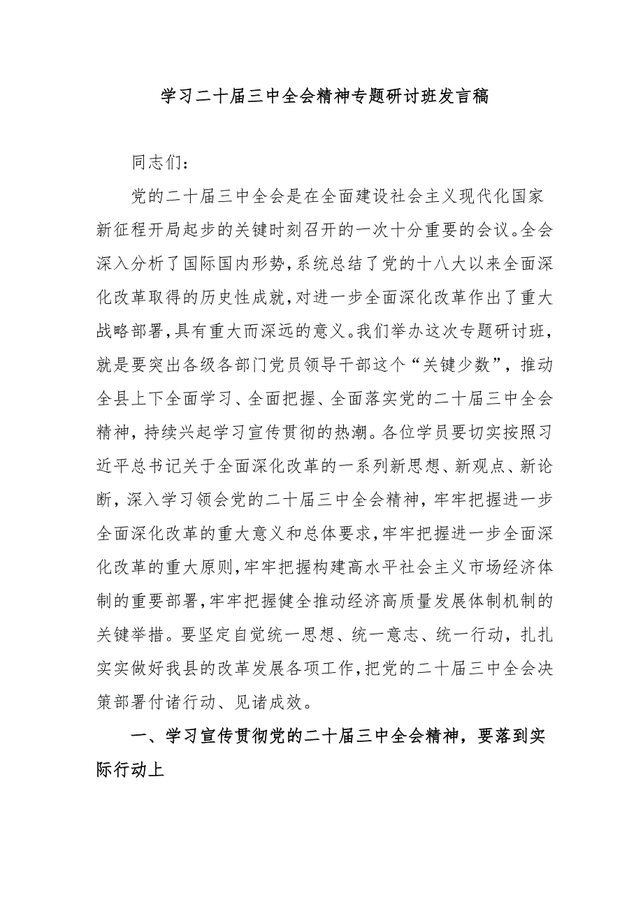 单位开展《学习二十届三中全会精神》专题研讨班发言稿.docx_第1页