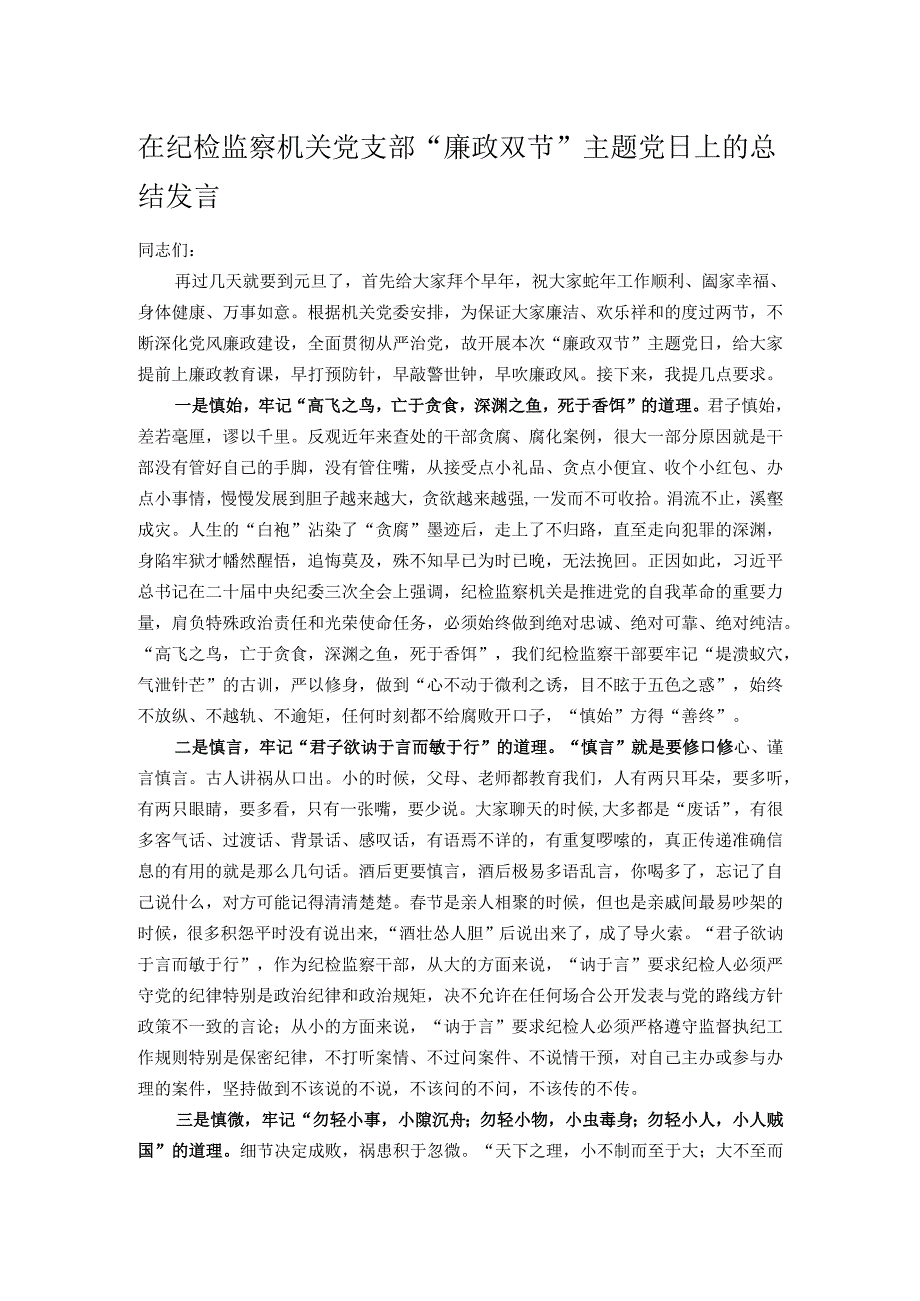 在纪检监察机关党支部“廉政双节”主题党日上的总结发言.docx_第1页