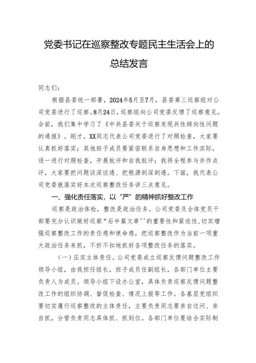 党委书记在巡察整改专题民主生活会上的总结发言.docx