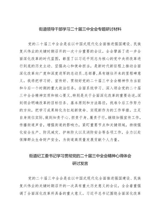 (四篇)街道领导干部学习二十届三中全会专题研讨材料（精选）.docx