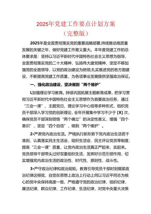 2025 年党建工作要点计划方案（完整版）.docx