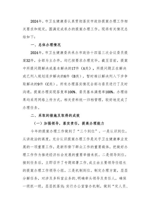 卫生健康委员会2024年市政协提案办理工作总结.docx