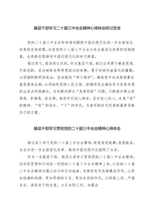 基层干部学习二十届三中全会精神心得体会研讨发言精选范文(3篇).docx