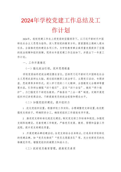 2024年学校党建工作总结及工作计划.docx