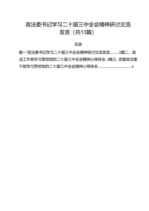 政法委书记学习二十届三中全会精神研讨交流发言13篇（详细版）.docx