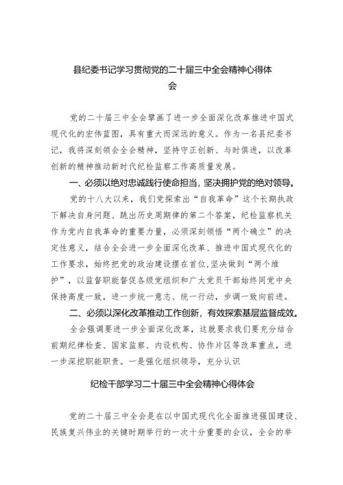 （9篇）县纪委书记学习贯彻党的二十届三中全会精神心得体会范文.docx