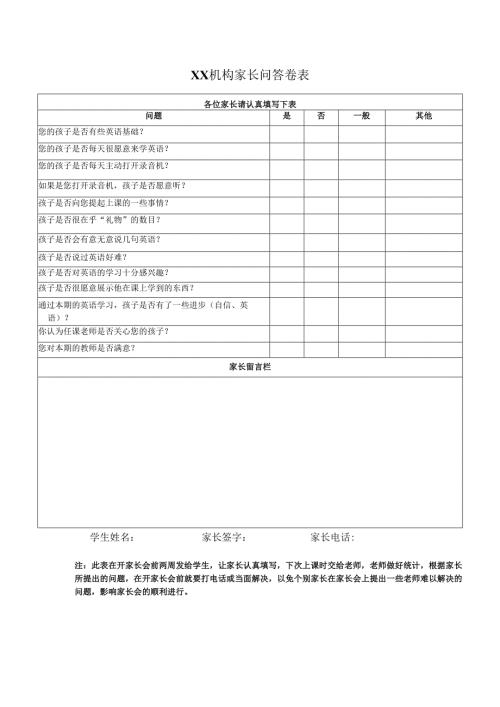 XX机构家长问答卷表.docx