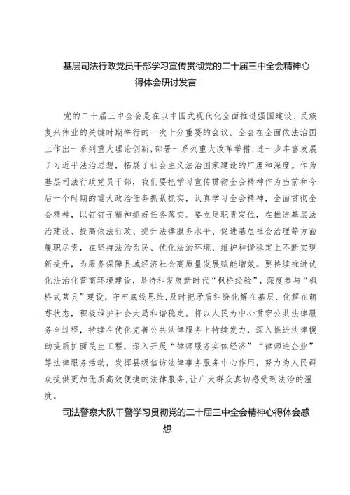 基层司法行政党员干部学习宣传贯彻党的二十届三中全会精神心得体会研讨发言（共七篇）.docx