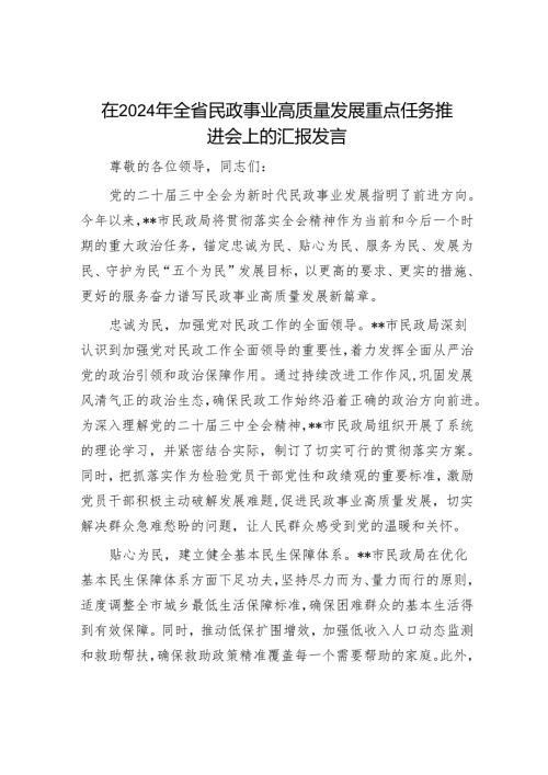 在2024年全省民政事业高质量发展重点任务推进会上的汇报发言.docx