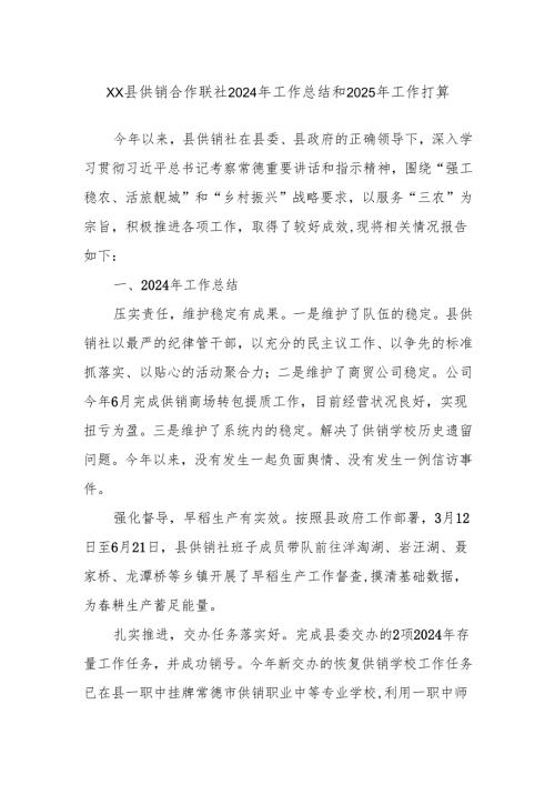 XX县供销合作联社2024年工作总结和2025年工作打算.docx