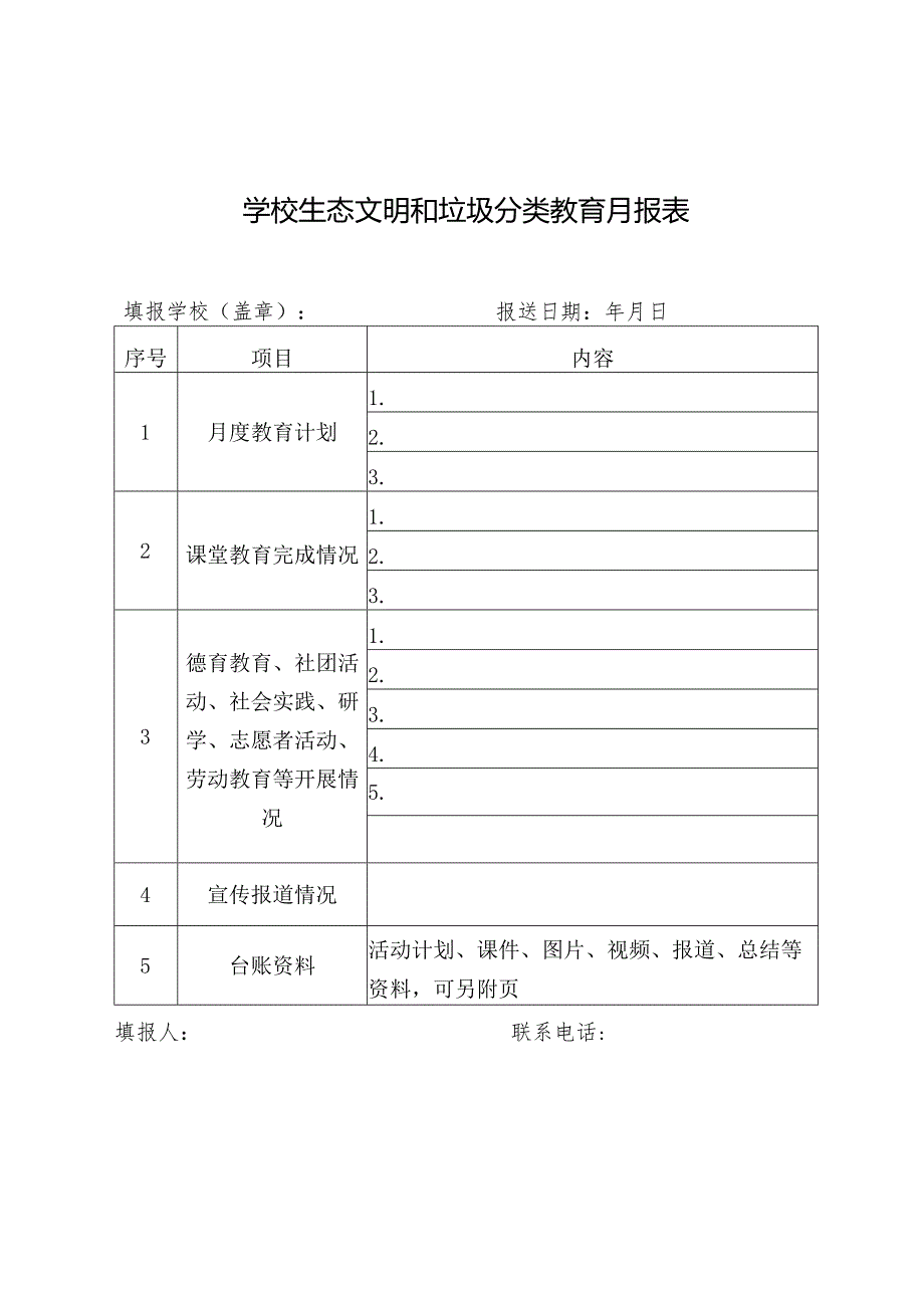 学校生态文明和垃圾分类教育月报表.docx_第1页