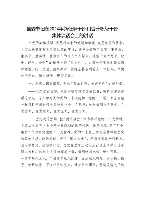 县委书记在2024年新任职干部和晋升职级干部集体谈话会上的讲话.docx