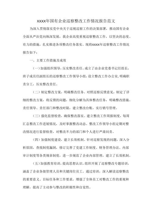 XXXX年国有企业巡察整改工作情况报告范文.docx