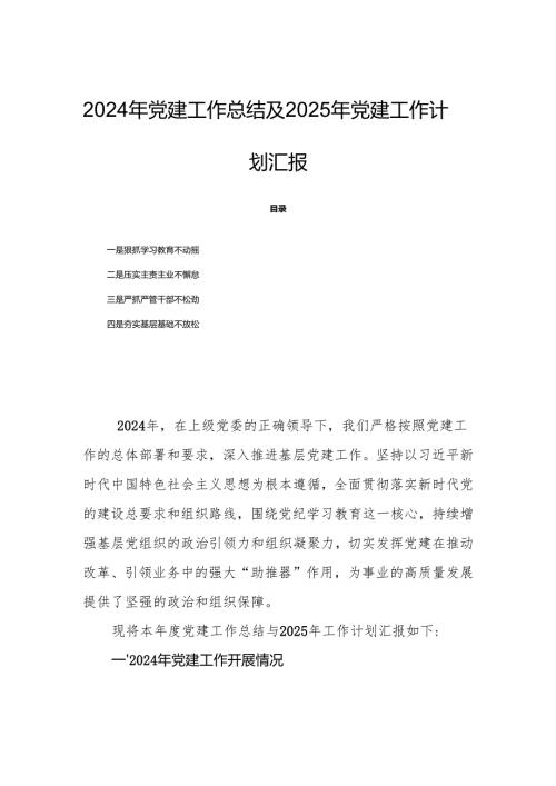 2024年党建工作总结及2025年党建工作计划汇报.docx
