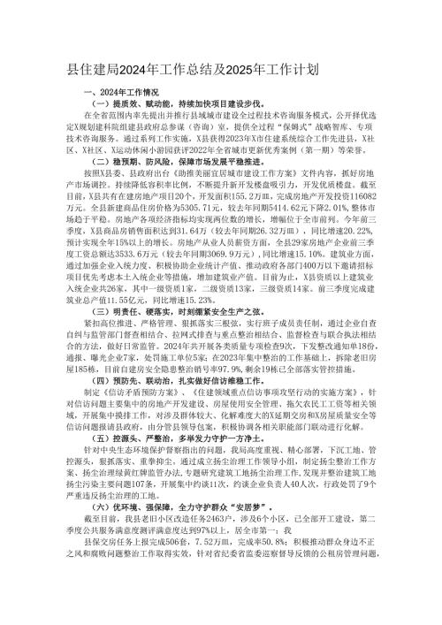 县住建局2024年工作总结及2025年工作计划.docx