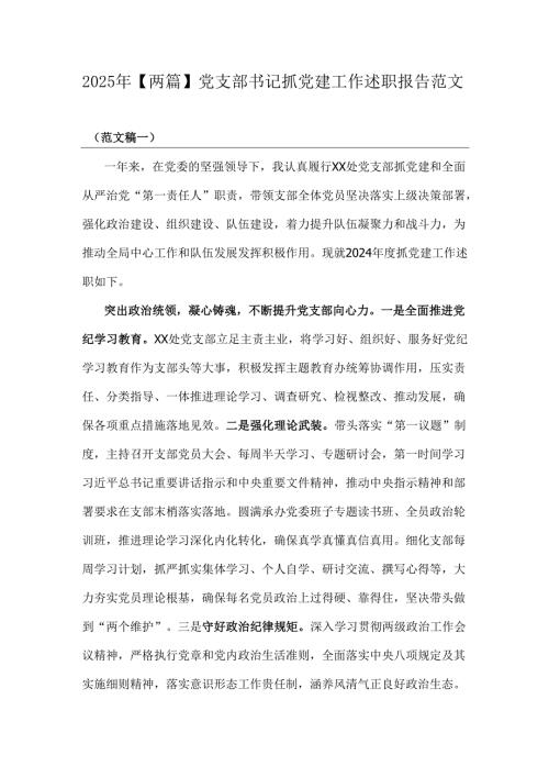 2025年【两篇】党支部书记抓党建工作述职报告范文.docx