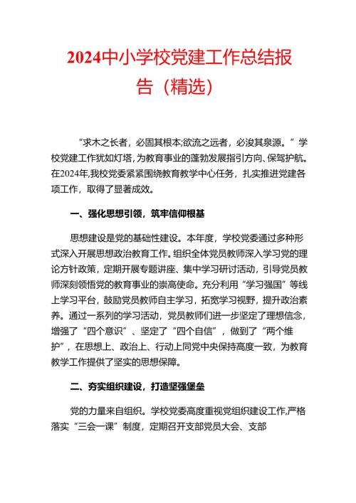 2024 中小学校党建工作总结报告（精选）.docx