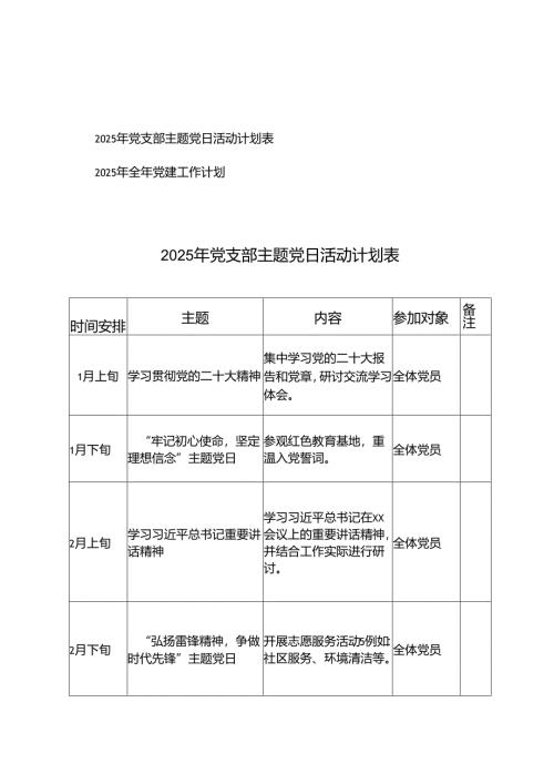 2025年党支部主题党日活动计划表+2025年全年党建工作计划.docx