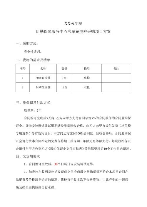 XX医学院后勤保障服务中心汽车充电桩采购项目方案（2024年）.docx