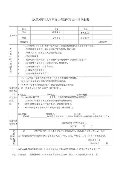 XX第X医科大学研究生普通奖学金申请审批表（2024年）.docx