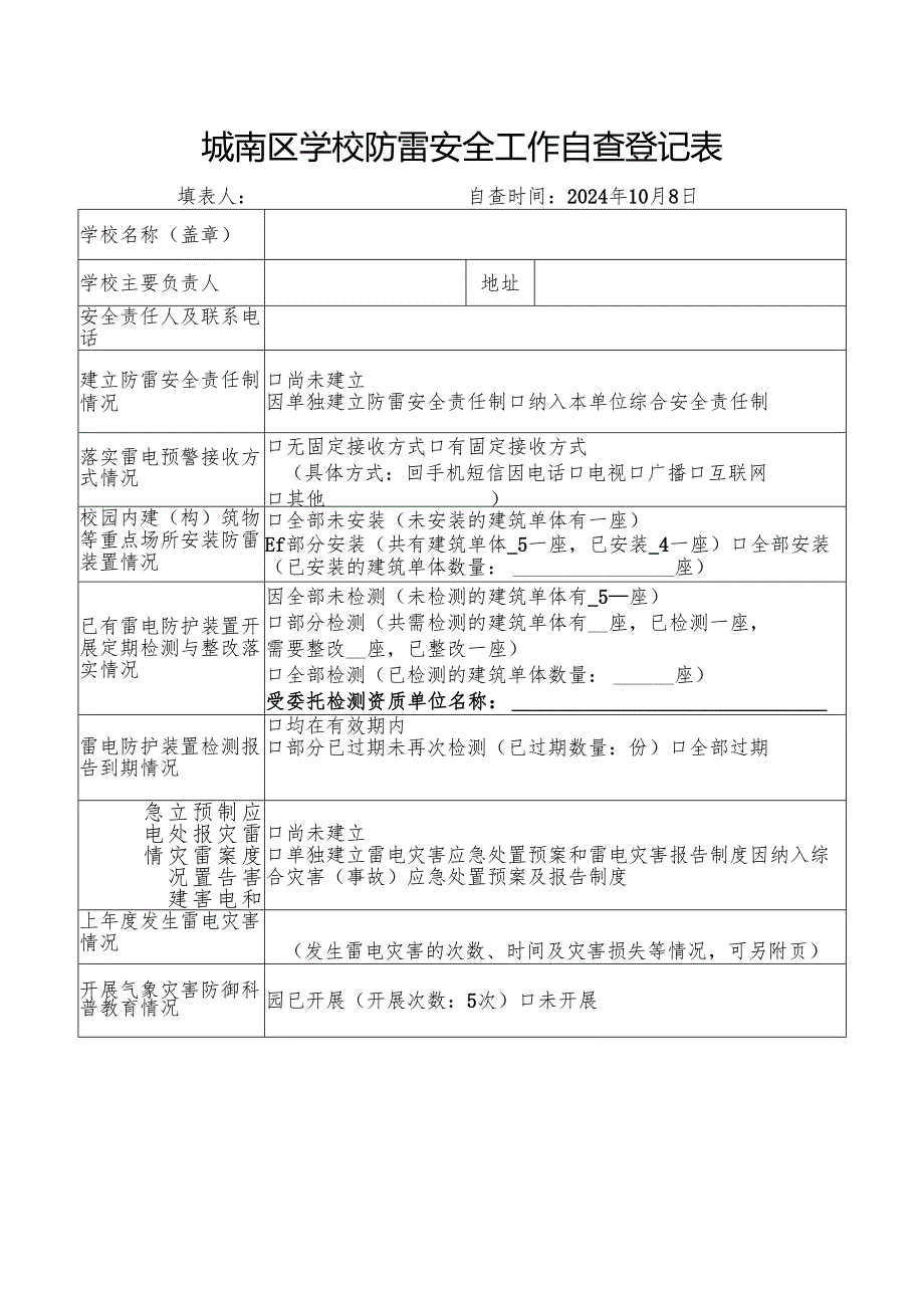 城南区学校防雷安全工作自查登记表.docx_第1页