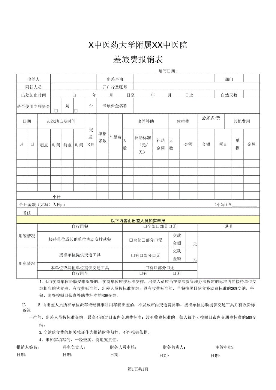 X中医药大学附属XX中医院差旅费报销表算（2024年）.docx_第1页