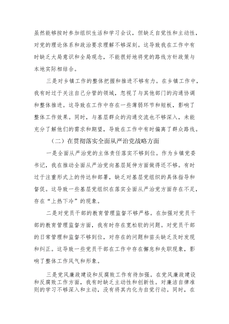 在贯彻落实党的路线方针政策、全面从严治党战略、新时代党的组织路线等四个方面2024年乡镇党委书记巡视整改专题民主生活会对照检查材料.docx_第2页
