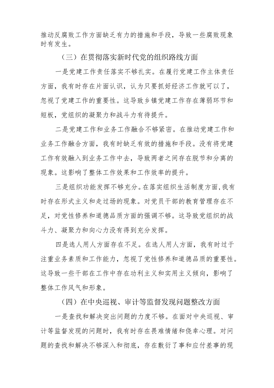 在贯彻落实党的路线方针政策、全面从严治党战略、新时代党的组织路线等四个方面2024年乡镇党委书记巡视整改专题民主生活会对照检查材料.docx_第3页