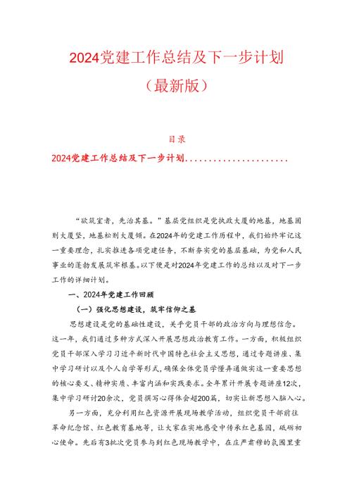 2024党建工作总结及下一步计划（最新版）.docx