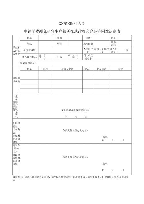 XX第X医科大学申请学费减免研究生户籍所在地政府家庭经济困难认定表（2024年）.docx