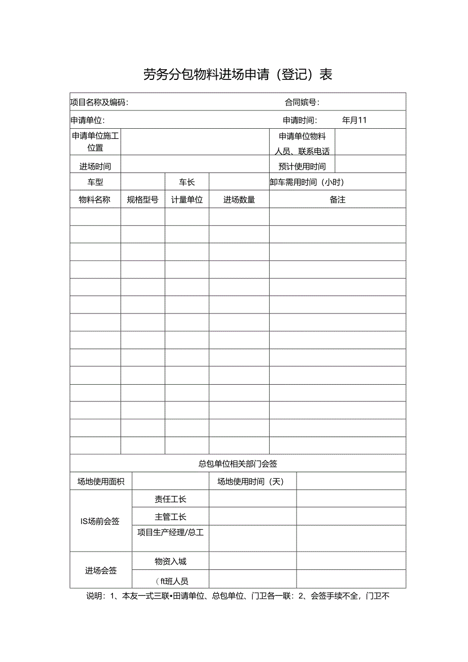 劳务分包物料进场申请（登记）表.docx_第1页