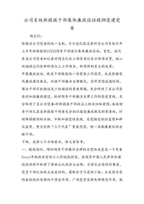 公司系统新提拔干部集体廉政谈话提纲 党建党委.docx