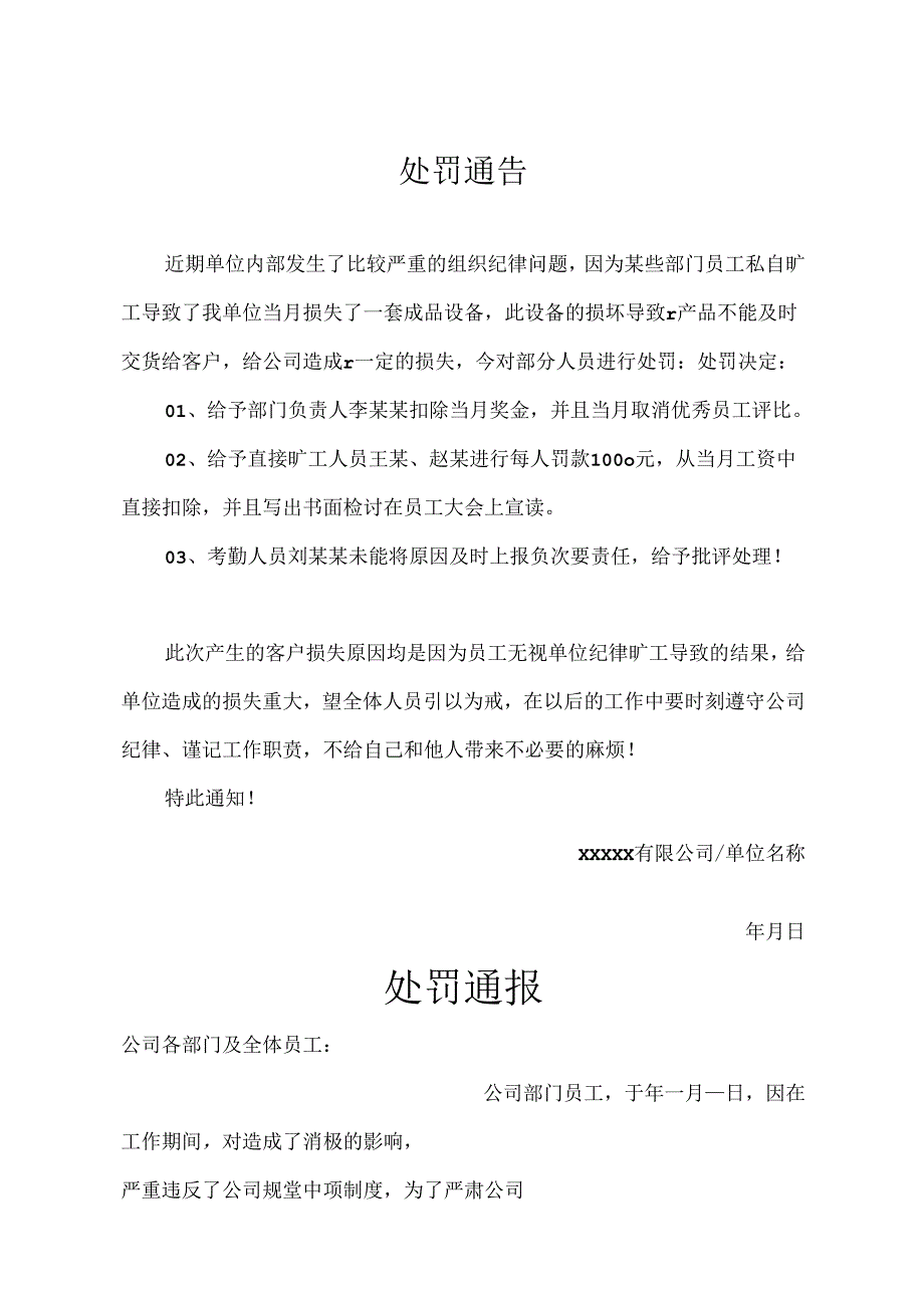 员工处罚通告模板精选5份.docx_第1页