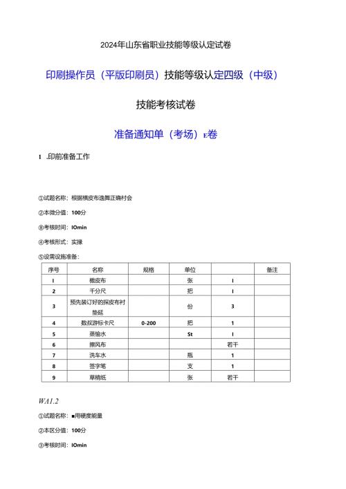 2024年山东省职业技能等级认定试卷 真题 印刷操作员（平版印刷员） 四级（中级）技能考核-E卷考场准备通知单.docx