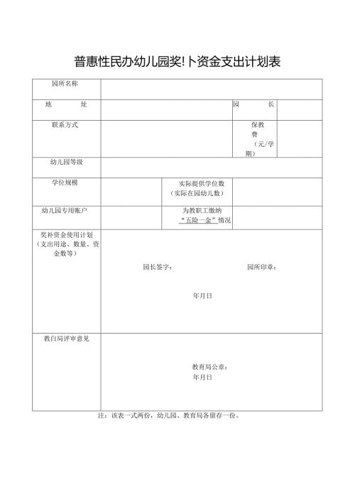 普惠性民办幼儿园奖补资金支出计划表.docx