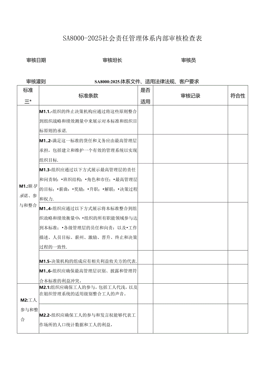 SA8000-2025社会责任管理体系内部审核检查表.docx_第1页