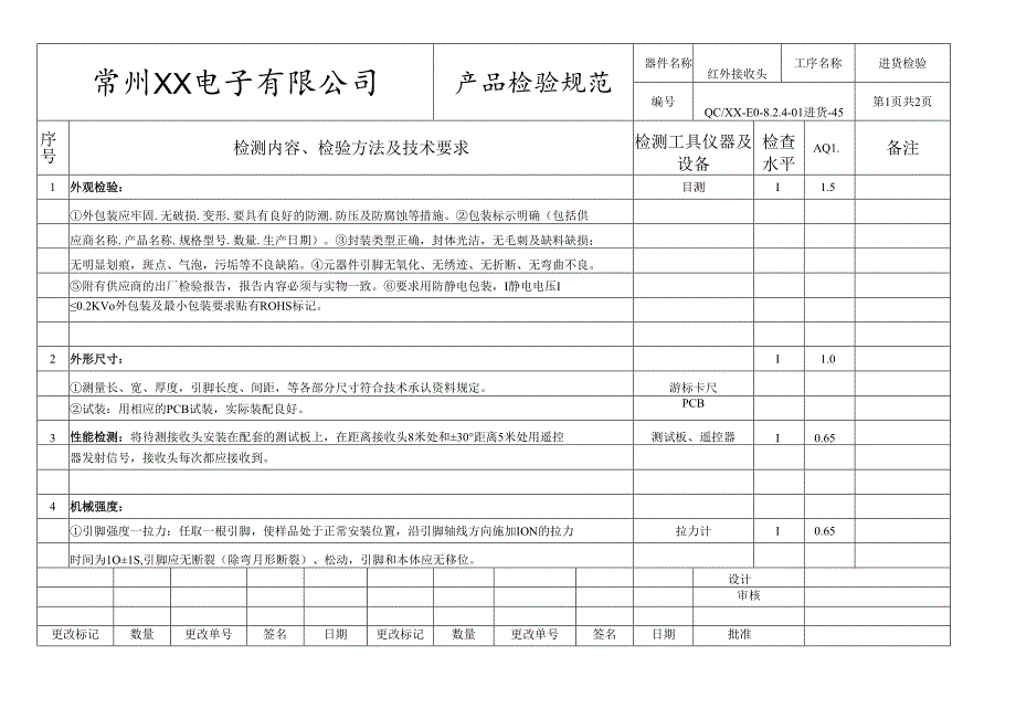 红外接收头进货检验标准.docx_第1页