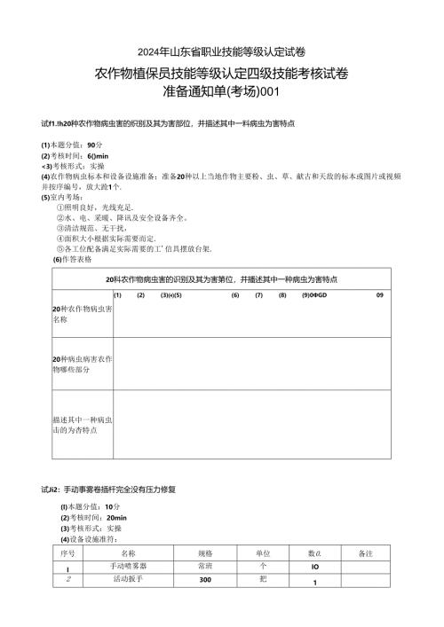 2024年山东省职业技能等级认定试卷 真题 农作物植保员（病虫害防治工）四级技能考核考场、考生通知单.docx